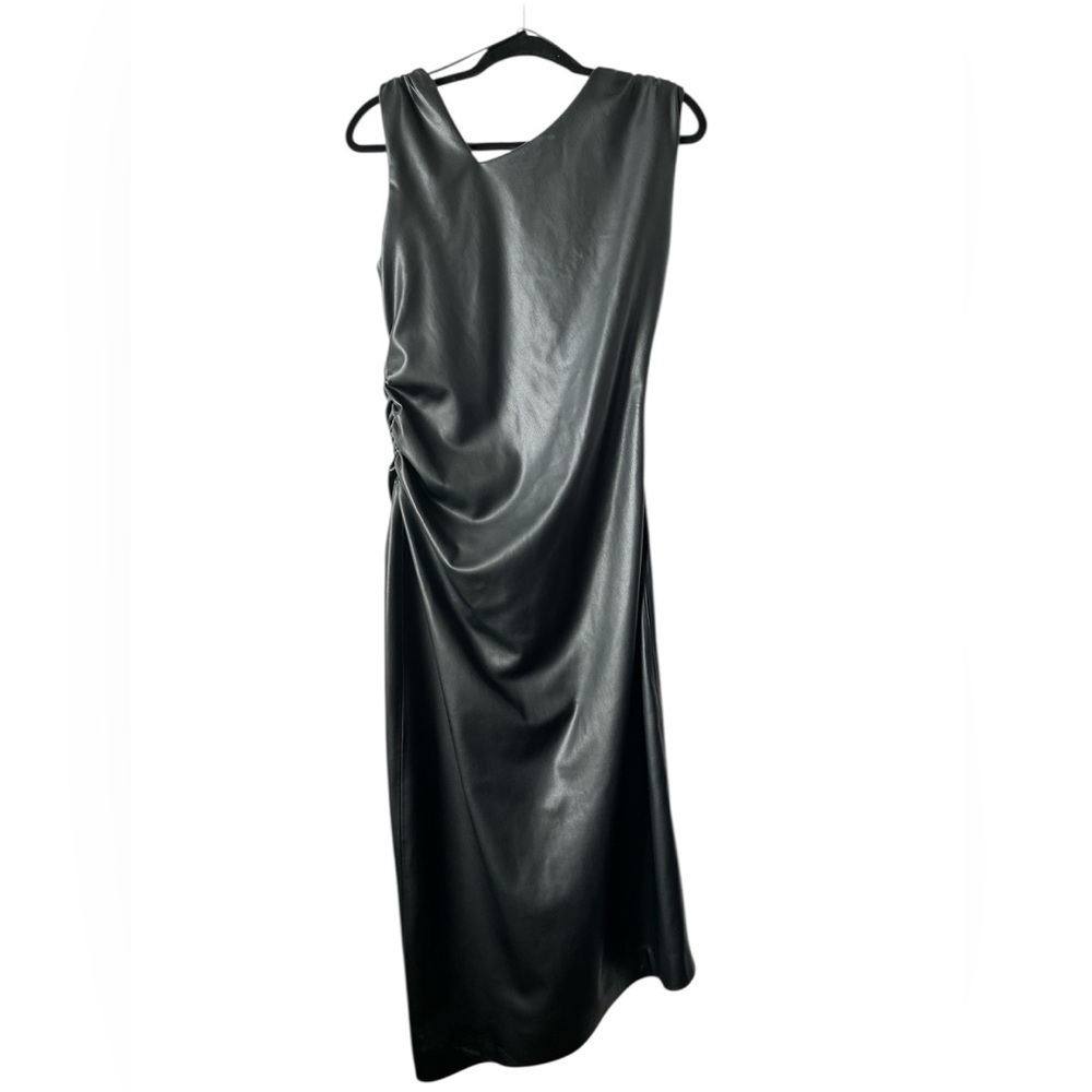 ZARA Black Faux Leather Assymetric Sleeveless Cinched Medium Dress BNWT